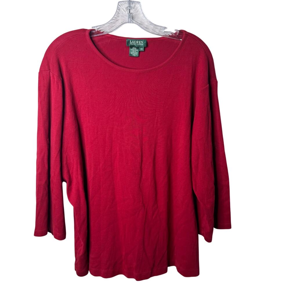 Lauren Ralph‎ Lauren 2X Red 100% Cotton Long Sleeve Top Logo Button Classic Fit